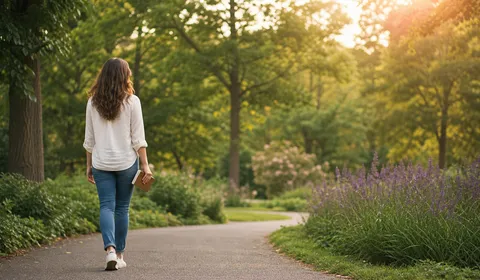 Woman walking through a sunny park carrying a small notebook