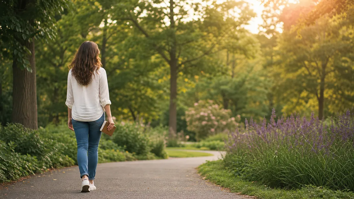 Woman walking through a sunny park carrying a small notebook