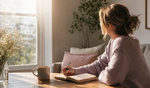 Woman writing in a journal beside a sunlit apartment window